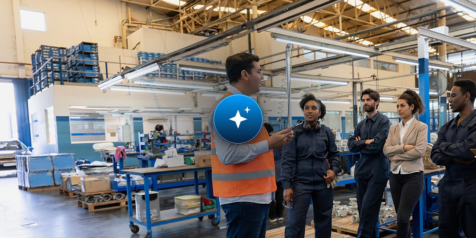 A manufacturing team on the plant floor, with an AI icon overlaid at center