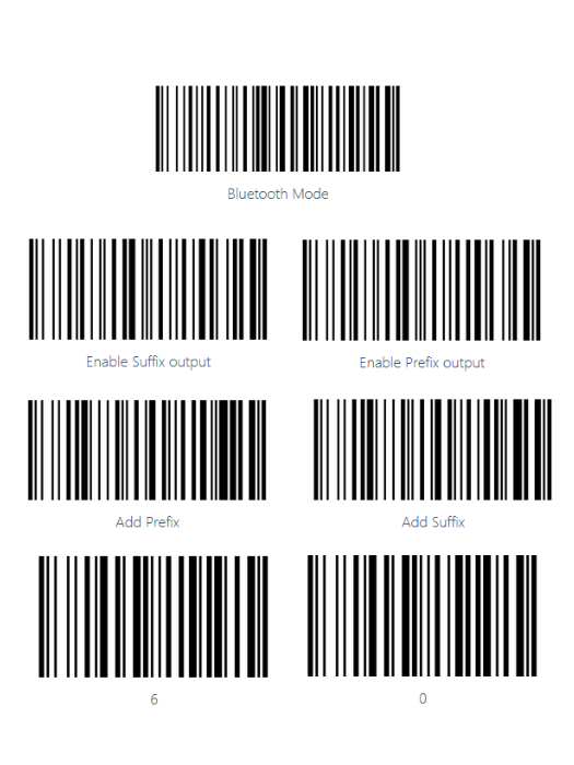 Scanner setup barcodes: Bluetooth Mode, Enable Suffix Output, Enable Prefix Output, Add Prefix, Add Suffix, 6, and 0.